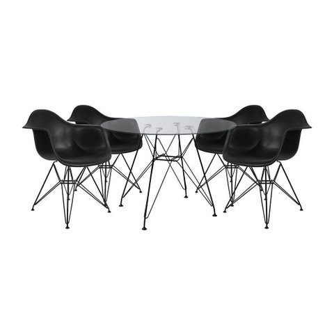Mesa de Jantar Vidro Redonda 90cm com 4 Poltronas Pretas Ferro Preto Cor: Preto