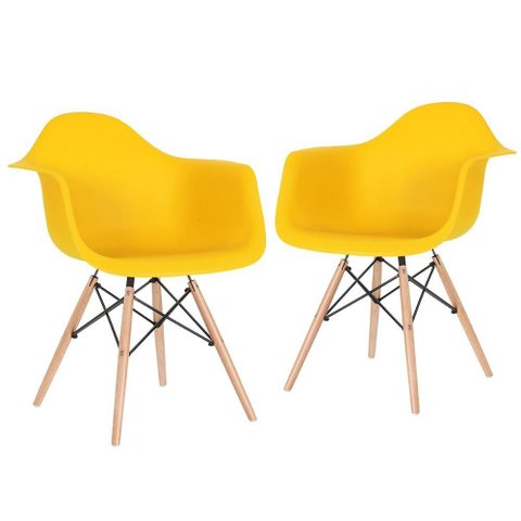 Kit - 2 X Cadeiras Charles Eames Eiffel Daw com Braços - Base de Madeira Clara - Amarelo Multicolori