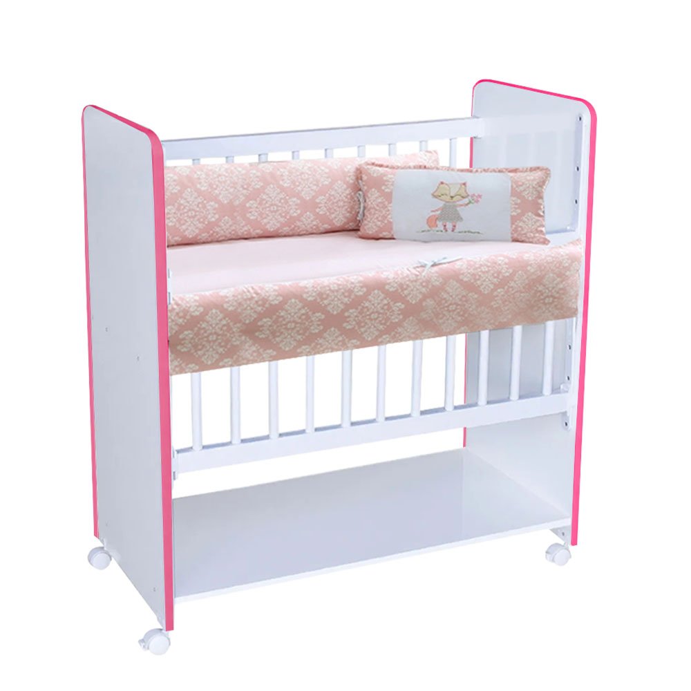 Mini Berço New Baby Bed Side Grade Móvel + Colchão:branco/rosa - 3