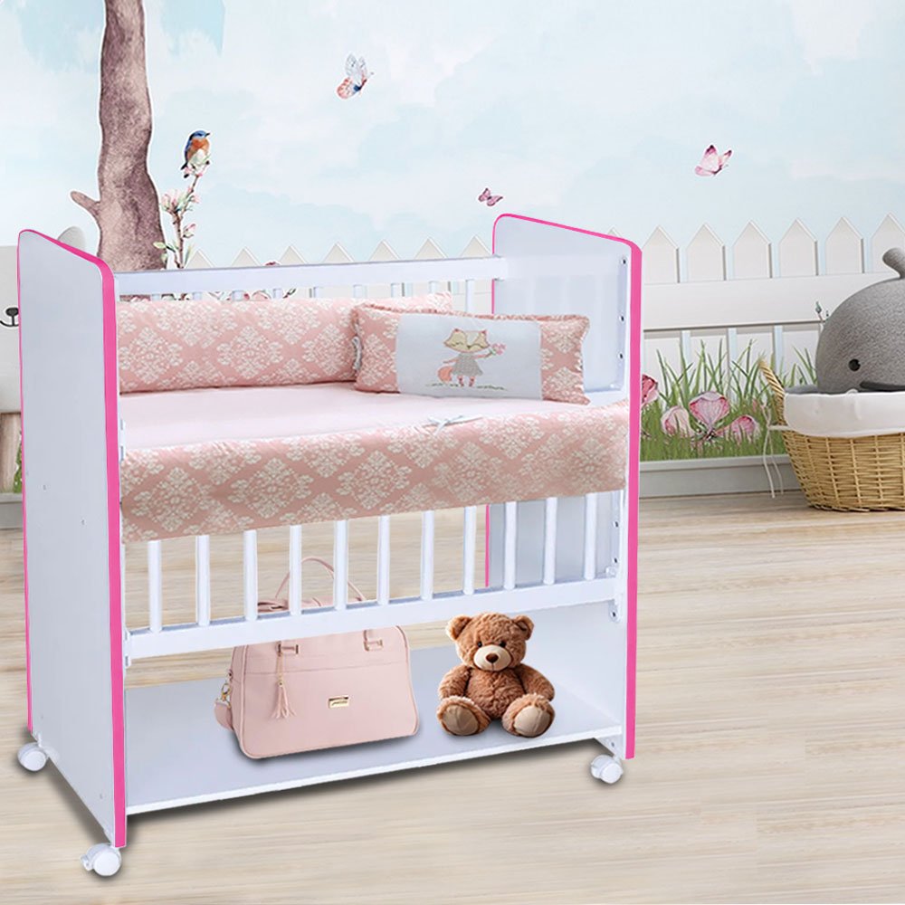 Mini Berço New Baby Bed Side Grade Móvel + Colchão:branco/rosa - 2