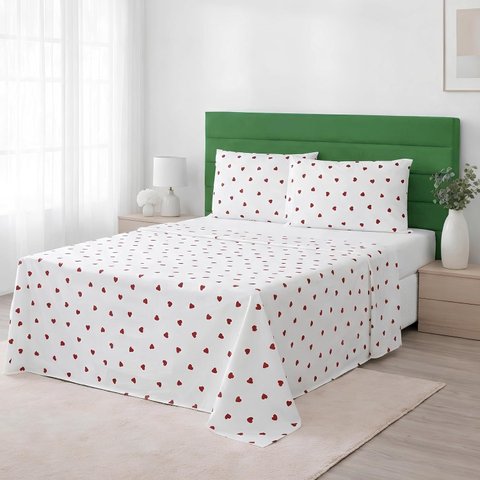 Jg Lençol Casal 4 Peças 100% Algodão 230 Fios Corações 40cm Vermelho