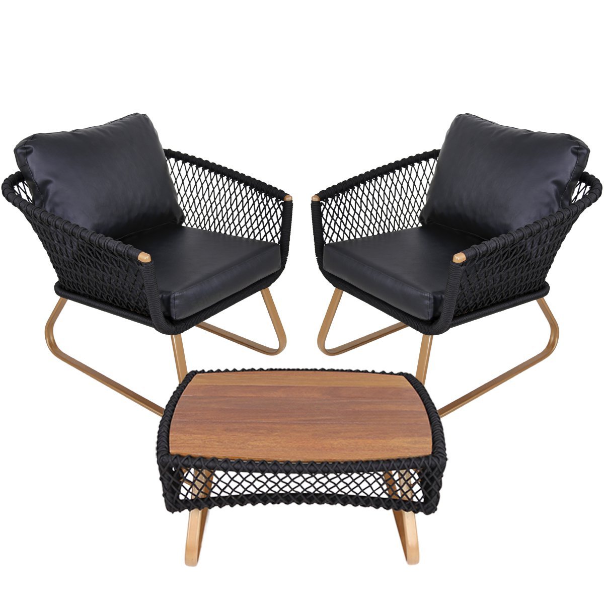 2 Poltronas Milão com Mesa em Corda Náutica, Alumínio com Pintura Bronze e Assento Estofado p/ Área