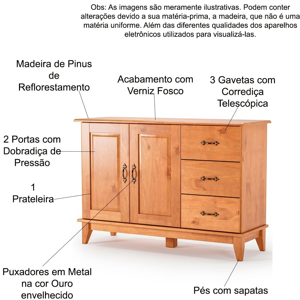 Buffet Aparador Madeira Maciça 2 Portas 3 Gavetas 120 Cm Bella Carvalho Fosco - 5