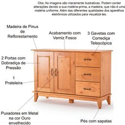 Buffet Aparador Madeira Maciça 2 Portas 3 Gavetas 120 Cm Bella Carvalho Fosco - 5