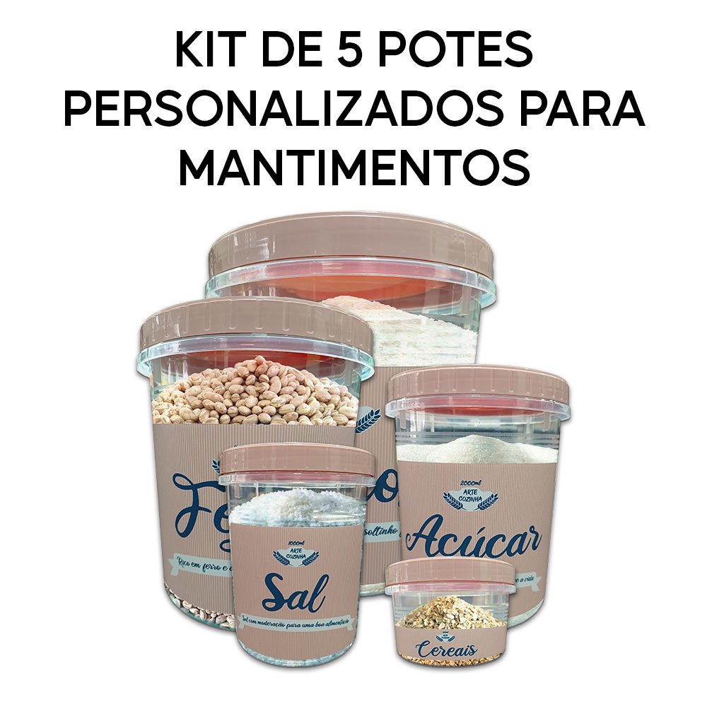 Kit 5 Potes de Mantimentos com Etiqueta e Tampa de Rosca Arte na Arte Tampa e Etiqueta Rosa - 2