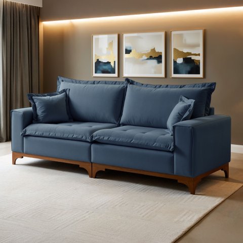 Sofá Living 4 Lugares 240cm Pés Madeira Maciça Nápoles Linho