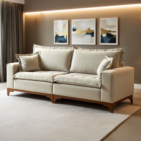 Sofá Living 4 Lugares 240cm Pés Madeira Maciça Nápoles Linho