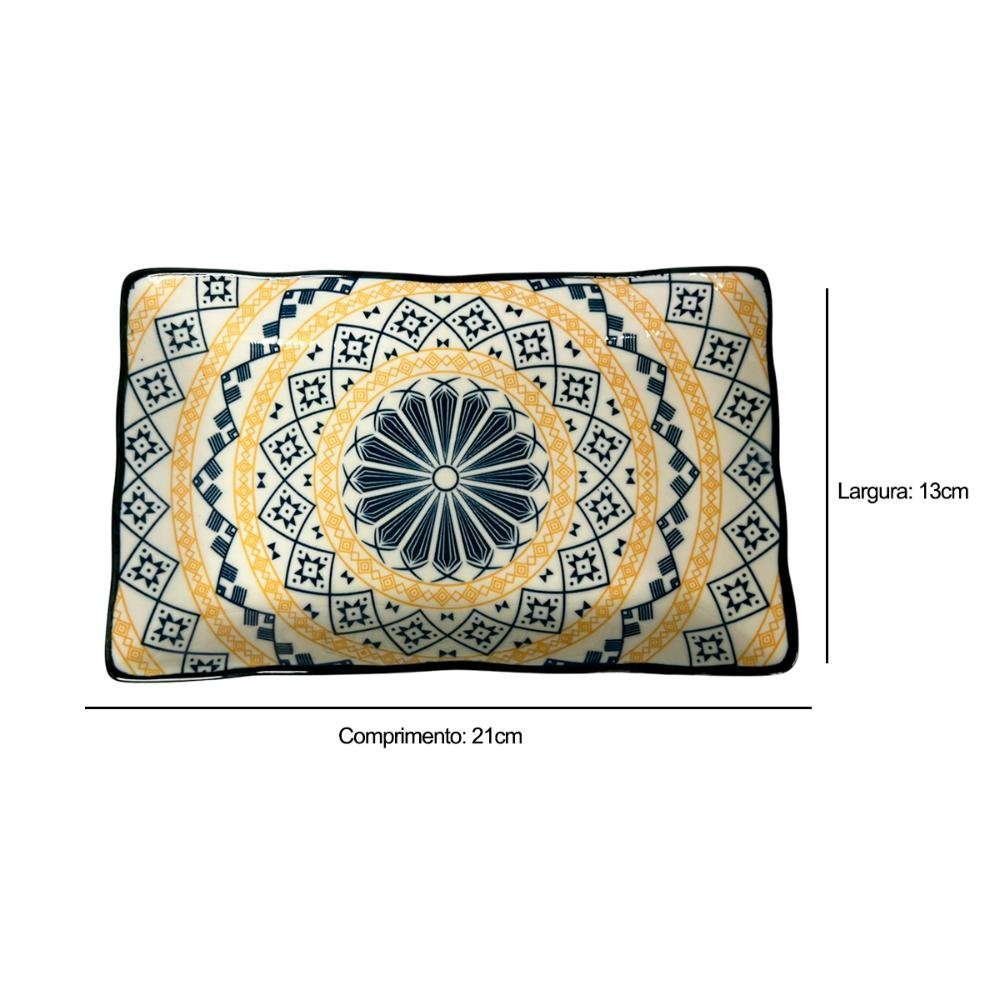 Travessa Retangular de Cerâmica Mandala Azul e Laranja 21cm - 4