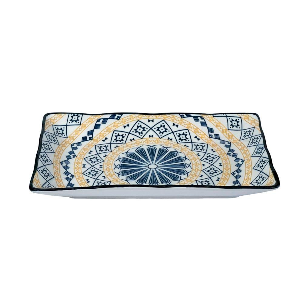 Travessa Retangular de Cerâmica Mandala Azul e Laranja 21cm