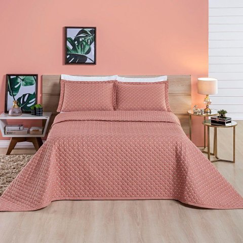 Kit Cobre Leito Colcha Vênus Casal Dupla Face Micropercal 200 Fios Liso 3 Peças - Rosê