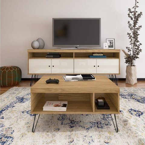 Conjunto Rack para TV até 60 Polegadas 4 Portas e Mesa de Centro Retangular Liberty Marrom