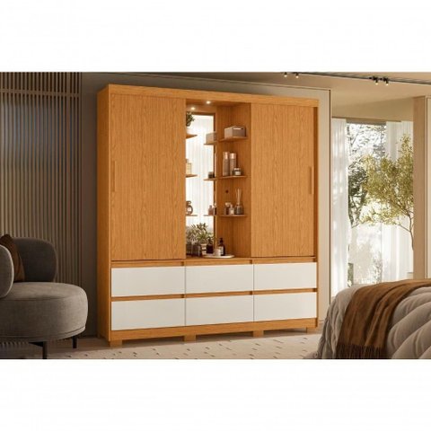 Guarda Roupa Solteiro Atena 2 Portas Correr 6 Gavetas MDP com LED e Espelho Cinamomo Off White Flex