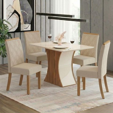 Conjunto Sala de Jantar Layla Supreme 4 Lugares Tampo MDF Cadeiras Estofadas Off White 120cm Casa