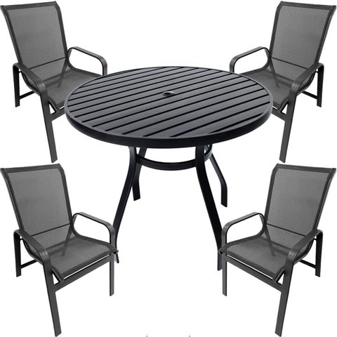 Jogo de Mesa Ripada 1,00m 4 Cadeiras de Alumínio Preta para Piscina e Jardim