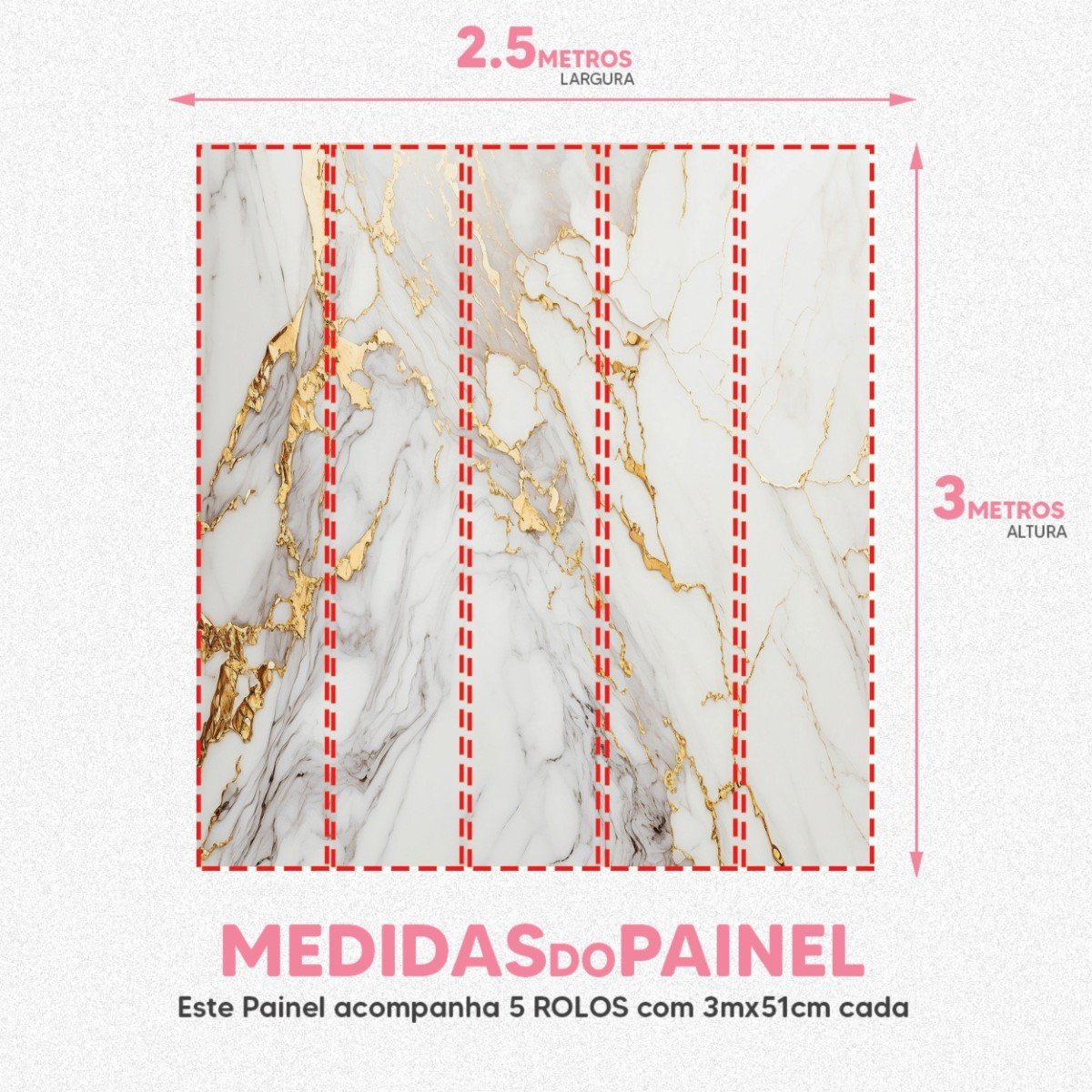 Papel de Parede Painel 3D Mármore Branco com Ouro 2,5M Auto Colante Lavável Revestimento Brilhoso - 5