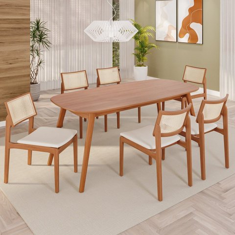 Sala de Jantar Mesa 180x76cm Tampo Laminado com 6 Cadeiras em Linho Ceci Yescasa Marrom