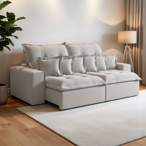 Sofá Retrátil e Reclinável 250cm com 6 Almofadas Dubai 