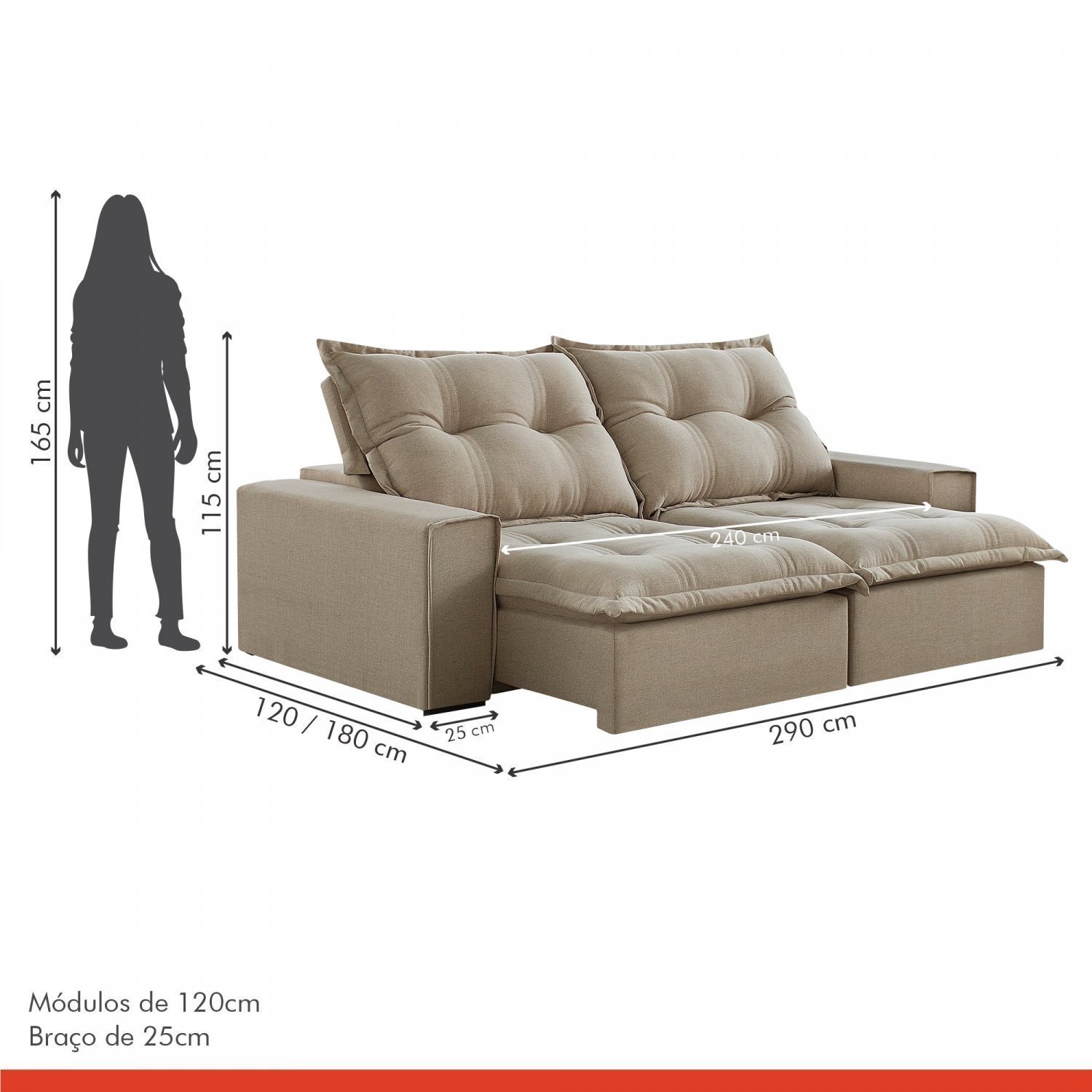 Sofá Retrátil e Reclinável 4 Lugares 290cm 6 Almofadas M144  - 8