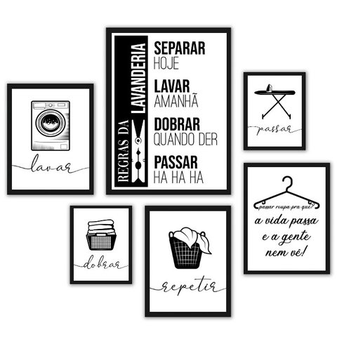 Composição 6 Quadros Decorativos para Lavanderia - com Vidro:madeira Preta