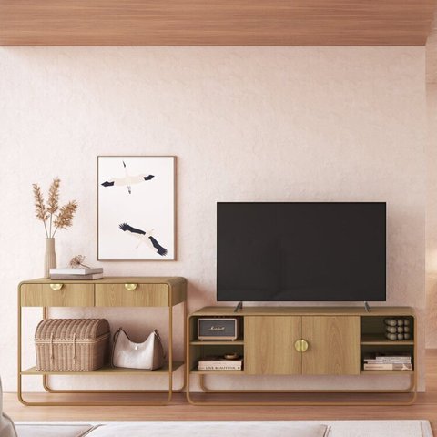Kit Aparador e Rack Orgânico Pé Metal Luna Bege/Hanover/Dourado