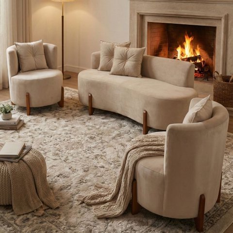 Conjunto 2 Poltronas + Sofá Curvo Orgânico Luna Veludo Bege - Montanaris Decor