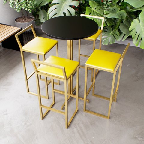 Jogo Mesa Alta Bistrô Redonda Preta 4 Banquetas Estofado Confort Industrial Dourado Don Castro Decor