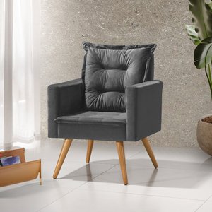 Poltrona Cancun Decorativa para Recepção Estofado Linho Cinza Grafite Pés Palito