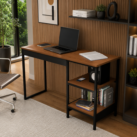 Escrivaninha 120cm Mesa de Estudos Home Office Industrial com Nichos para Computador
