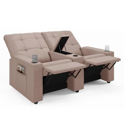 Poltrona do Papai Reclinável Cinema 2 Lugares Manual Baú Usb Haifa F05 Veludo Rosê - Lyam Decor