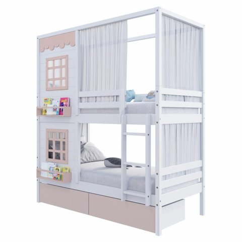 Beliche Casinha Reta 02 Janelas 02 Gavetas Rosa e Cortina Madeira Maciça Branco/ Rosa Housin