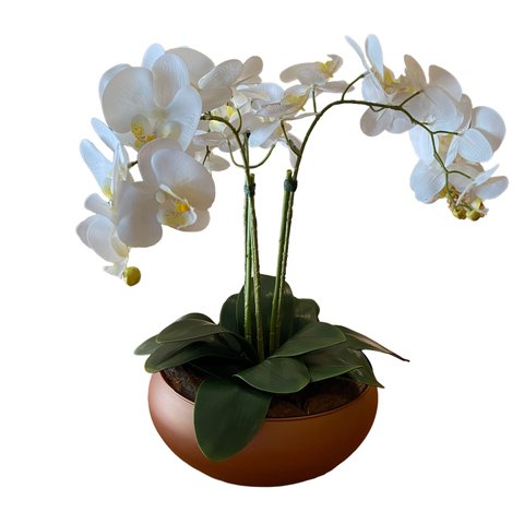 Arranjo Grande Centro de Mesa 3 Orquídeas Branca 3d Vaso Cobre Terracota