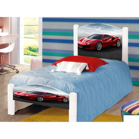 Cama de Criança Solteiro Infantil Adesivada Carro Vermelho com Grade de Proteção