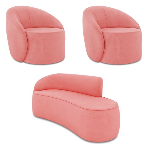 Sofá 4 Lugares Orgânico 220cm Morgan e 2 Poltronas Lua Suede Rosê D03 - D’Rossi