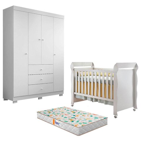 Berço Americano Mirelle e Guarda Roupa 4 Portas Duda Branco Brilho com Colchão Gazin – Phoenix Baby