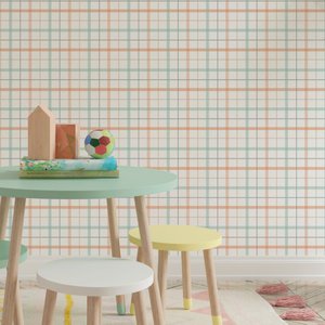 Papel de Parede Infantil Xadrez Laranja, Verde e Amarelo