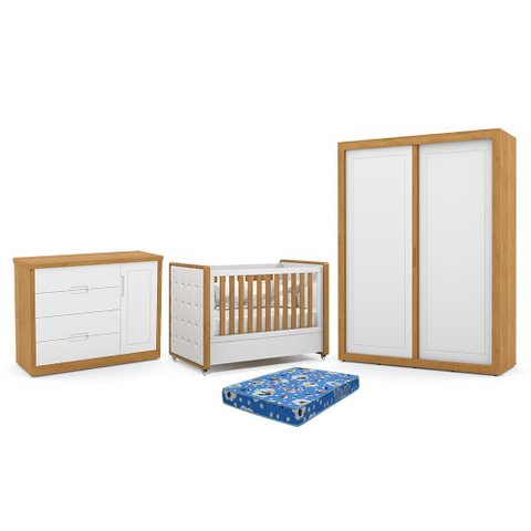 Dormitório Tutto New 2 Portas, Cômoda 1 Porta e Berço Branco Soft/freijó com Capitonê e Colchã
