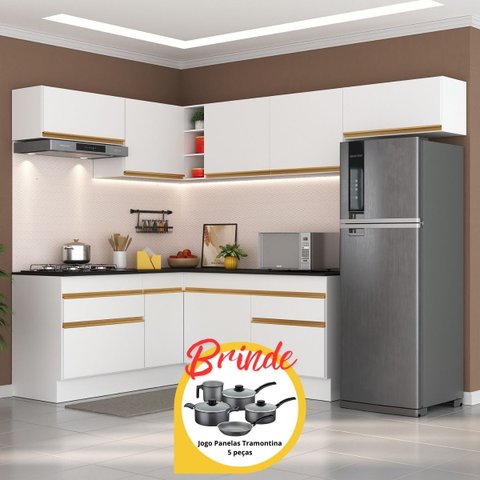 Armário Cozinha Completa Canto Veneza Mp2104 Multimóveis Branco + Brinde Jogo de Panelas Tramontina