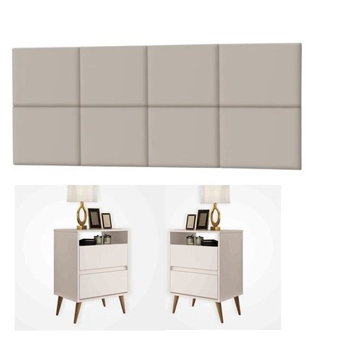 Conjunto Cabeceira Painel Paris 1,40 Lisa com Mesas de Cabeceira Lotus 2 Gav Off White - Rede Móveis