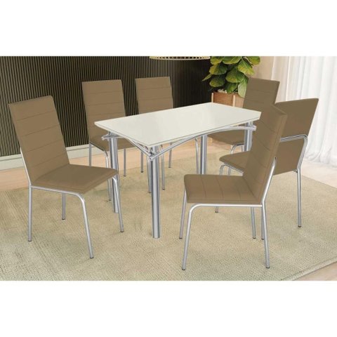 Conjunto: Mesa Sala Jantar Elba Tampo Madeirado C/ Vidro 120cm e 6 Cadeiras Amsterdã Cromada/off