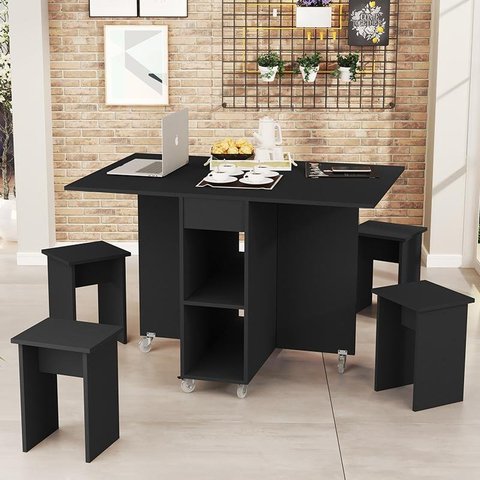 Mesa Dobrável Jade Com 4 Bancos De Encaixe e Rodízios Preto