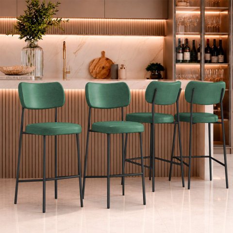 Kit 4 Banquetas Baixa Sala de Jantar Lisa Pés Preto PU Verde m² - Monari Design