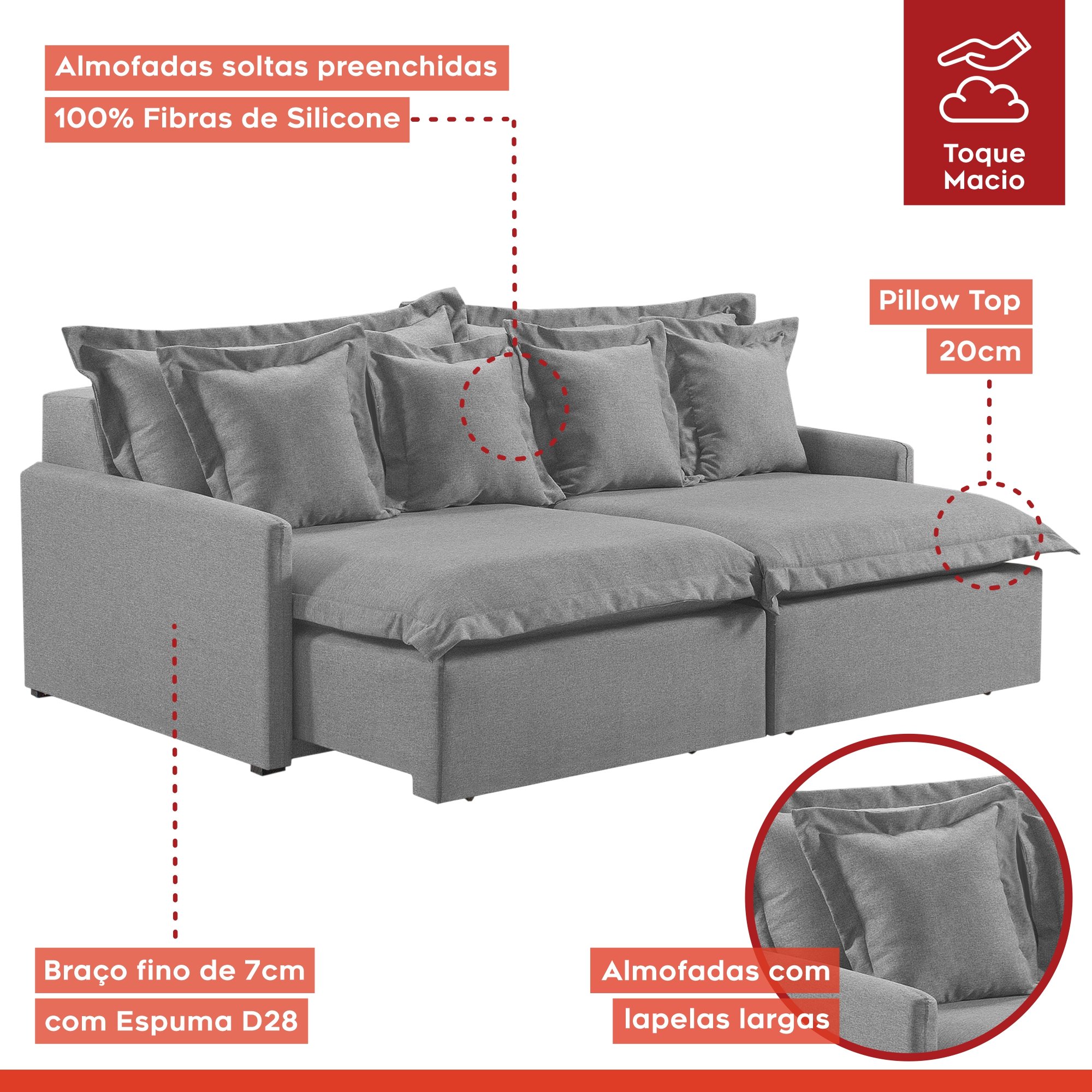 Sofá 3 Lugares Retrátil 214cm com Almofadas M145  - 4