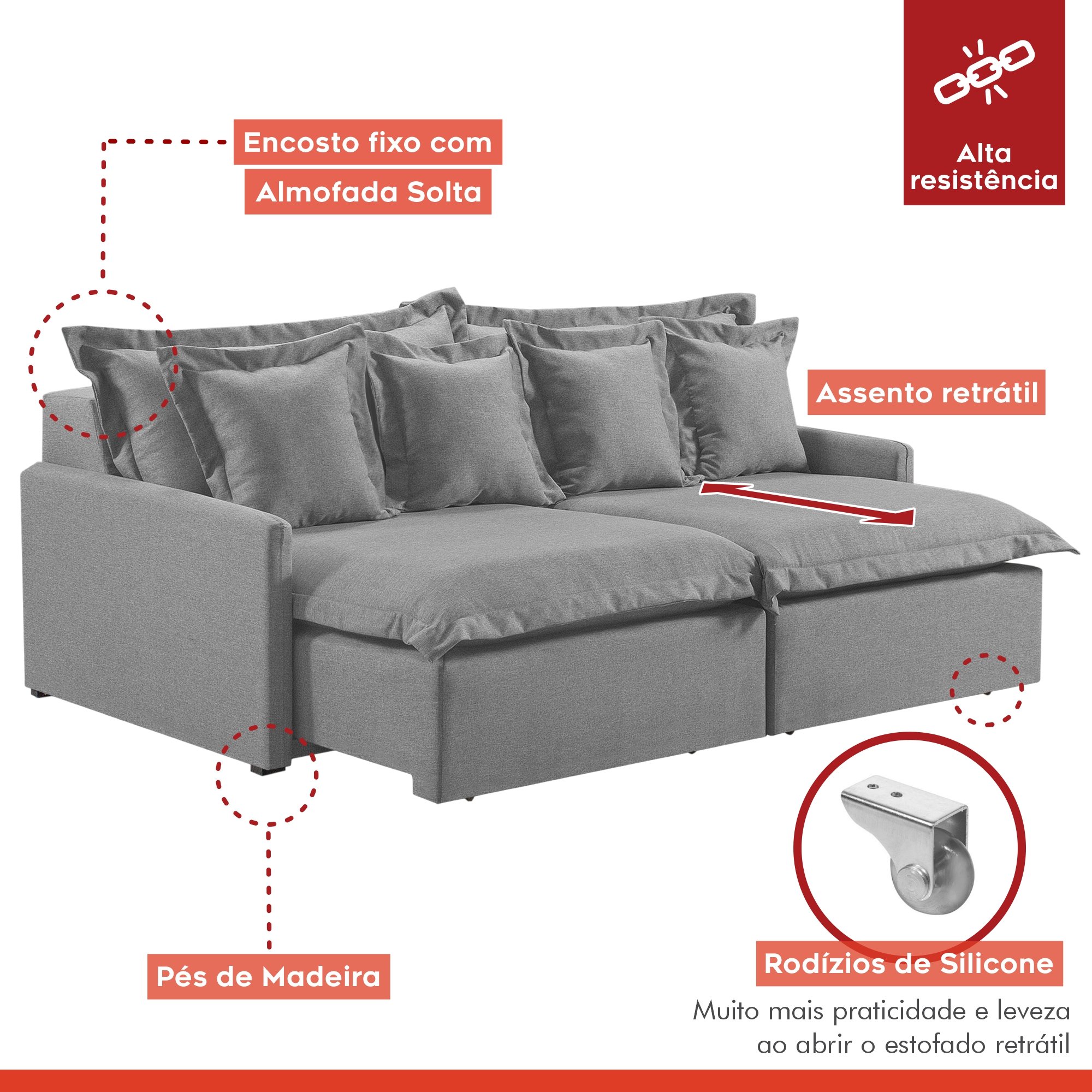 Sofá 3 Lugares Retrátil 214cm com Almofadas M145  - 2