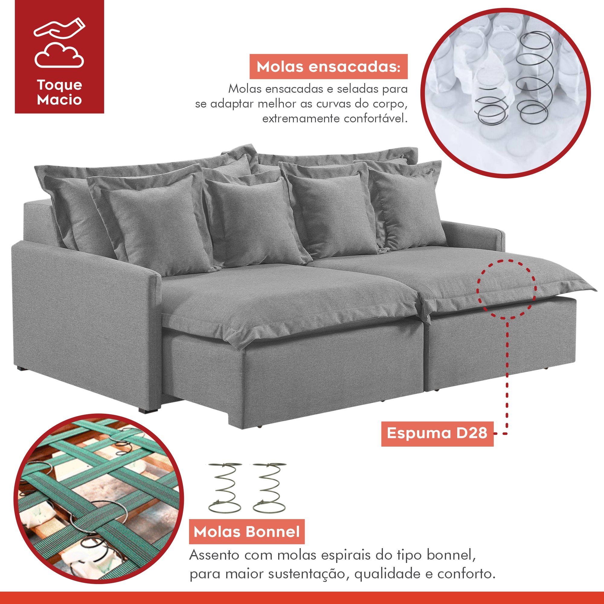 Sofá 3 Lugares Retrátil 214cm com Almofadas M145  - 5