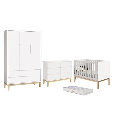 Dormitório Completo Infantil Classic 3 Portas, Cômoda 6 Gavetas, Berço Branco Fosco com Pés Madeira 
