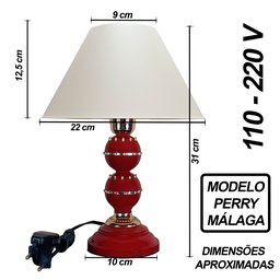 Abajur Moderno Luminária Quarto Sala Perry Vermelho Málaga e Dourado - 4