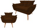 Ver imagem 1 de Kit Namoradeira + Poltrona Decorativa Opala Suede Marrom Pés Madeira Mz Decor