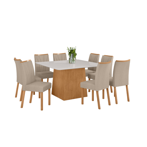 Conjunto Sala de Jantar Mesa Nevada 130 Tampo Vidro Off White com 8 Cadeiras Téssera - Lopas Amendoa