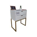 Ver imagem 1 de Mesa de Cabeceira Off White 50cm Eco Industrial 2 Gavetas Quarto Base Metal Dourada Puxador Prata