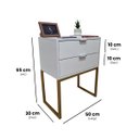 Ver imagem 2 de Mesa de Cabeceira Off White 50cm Eco Industrial 2 Gavetas Quarto Base Metal Dourada Puxador Prata